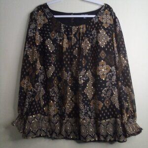 Roz & Ali Blouse Women 3X Long Sleeve Elastic Hem Pattern Black Gold